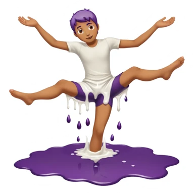 Barefeet balancing in white paint puddle with eggplant  sticker