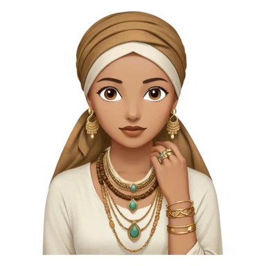 The woman, partially visible, wears a richly textured headscarf in earthy tones, draped gracefully over a white long-sleeve top. Her accessories steal the spotlight—intricately designed gold bangles, statement rings, and layered necklaces—each piece exuding heritage and craftsmanship.  sticker