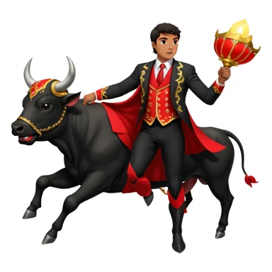 Create a realistic image of a traditional bullfighting scene in a Spanish arena.
Show a bullfighter (matador) HOLDING a red cape (muleta) not wearing one. as a powerful black bull charges toward it. sticker