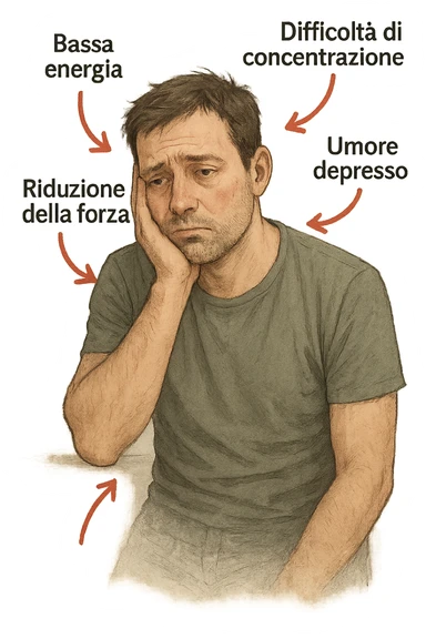  un uomo con espressione affaticata, circondato da frecce rosse che evidenziano sintomi di testosterone basso. Le frecce sono accompagnate da scritte in italiano come “Bassa energia”, “Difficoltà di concentrazione”, “Umore depresso”, “Riduzione della forza”. L’ambiente è semplice, con colori neutri e dettagli realistici. sticker
