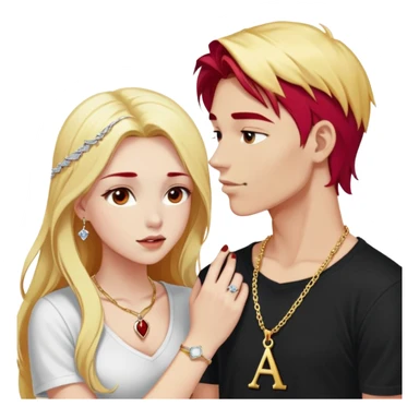 young 20 year old couple kissing, girl with long cherry red hair and blonde eyebrows wearing gold necklace with letter A, diamond gold ring, red bracelet and light clothes, boy with pure snow white hair wearing dark t-shirt and silver ring with black stone sticker