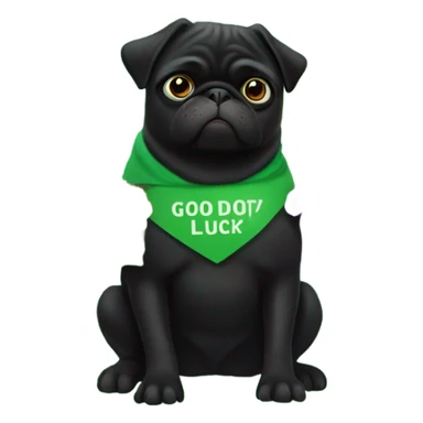 Black pug , surrounded by flowers, holding a green sign that says “good luck”  sticker