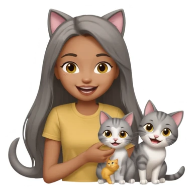 a pretty bratz dusky girl with long straight hair playing with 2 cats nd wearing a grey tshirt and laughing sticker