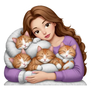 girl with long wavy brown hair, brown eyes, long lashes makeup, sexy pink lips, light to medium complexion,  sleeping on a cozy pillow, with 6 cats: 1 brown and white tabby cat, 1 ginger and white, 2 grey and white, 1 grey has white mittens and small white patch on its chest and 1 calico, sleeping sticker