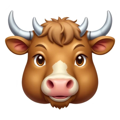 Cinematic Cute Domestic Ox Portrait Emoji, Head tilted playfully and inquisitively, with a robust, compact build and a polished hide adorned with subtle natural patterns, round, sparkling eyes full of gentle curiosity, Simplified yet irresistibly adorable features, highly detailed, glowing with a warm, friendly glow, high shine, affectionate and grounded, stylized with a touch of rustic charm, soft glowing outline, capturing the essence of a mischievous yet loving ox that feels like it could amble out of the screen into your arms! sticker