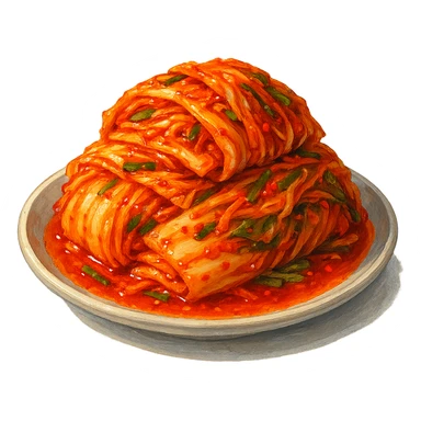 В слега рисованном, но при этом ярком и объемном стиле сгенерируй картинку сочного корейского кимчи, профессионально выставленный свет, который подчеркивает объем, прозрачный фон sticker