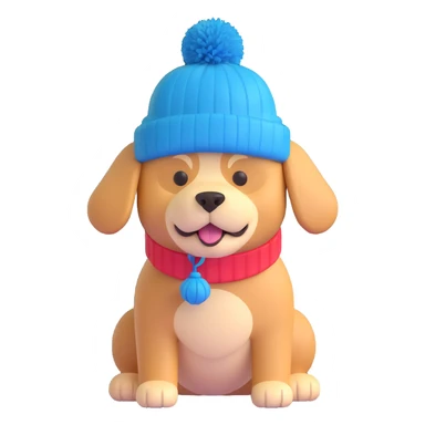 a dog wearing a winter hat with a pom-pom sticker