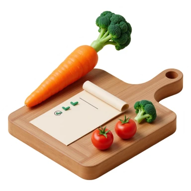 carrot tomato brocoli on the wooden cutting board with floating rolled paper list with checkbox sticker