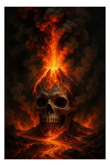 skull head with volcanic eruption, smoke and lava bursting out, intense and dynamic, fiery volcanic explosion, dramatic smoke and ash sticker