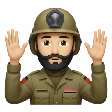 surrenders, depicts an Iraqi soldier from 1980, with a beard, in a helmet, a helmet WITHOUT insignia, with a balaclava, with sad eyes and both hands raised up sticker