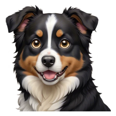 Cinematic Comical Black Tri Australian Shepherd Portrait Emoji, Head tilted dramatically with an exaggeratedly shocked or offended expression, short black fur with striking white and tan patches, wide, expressive dark eyes filled with exaggerated disbelief, Simplified yet hilariously expressive features, highly detailed, glowing with a slightly sassy glow, high shine, dramatic yet playful, stylized with an air of attitude, bright and endearing, soft glowing outline, capturing the essence of a sassy and over-the-top pup, so meme-worthy it feels like it could side-eye its way into internet fame instantly! sticker