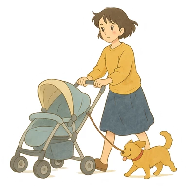 ghibli style girl walking with a stroller and dog on a leash, soft colors sticker