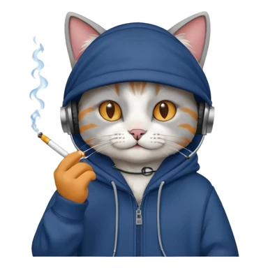 cat in headphones, in a dark-blue oversized hoodie with a cigarette in his hand  sticker