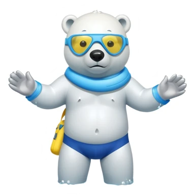friendly anthropomorphised polar bear standing in a small puddle, wearing baggy board shorts, inflatable swimming armbands, scuba mask over eyes sticker