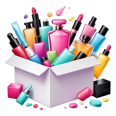 an opened box with colorful makeup, skincare bottles, and perfume spilling out sticker