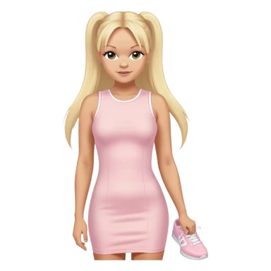 Emma Bunton with long blonde ponytails wearing light pink bodycon dress with white platform sneakers sticker