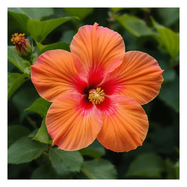 Realistic hibiscus flower with warmer orange and more hot pink petals, no stem, summery, photorealistic, no background, soft natural lighting, detailed botanical illustration, macro photography style. sticker