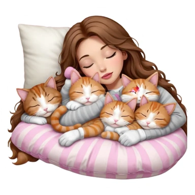 girl with long wavy brown hair, brown eyes, long lashes makeup, sexy pink lips, light to medium complexion,  sleeping on a cozy pillow, with 6 cats: 1 brown and white tabby cat, 1 ginger and white, 2 grey and white, 1 grey with white mittens and small white patch on chest and 1 calico, sleeping sticker