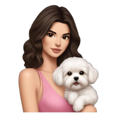 brunette Kendall Jenner with long hair holding white maltipoo in pink dress sticker