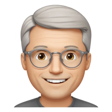 40 yr old pale white man, grey side swept hair, round glasses, big smile, white teeth, handsome, longer hair, thin glasses sticker