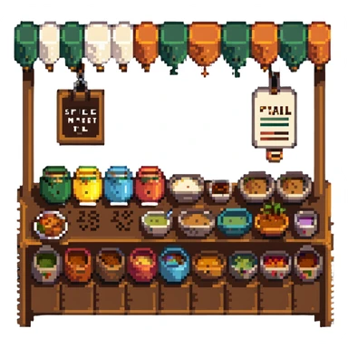 Spice market stall with colorful mounds of different spices sticker
