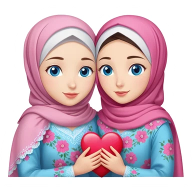 Two friendly Turkish girls beautiful finish Konya blue eyes with pink floral hijab and heart dress and hugs  sticker