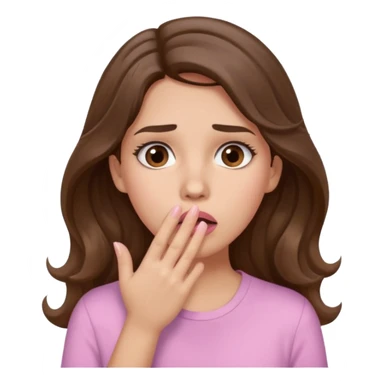 girl with wavy long brown hair, brown eyes, light to medium complexion, long lashes, light pink lipstick, wearing light pink shirt, shocked, hand covering mouth sticker