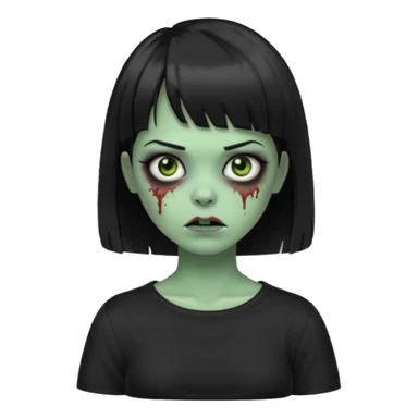 Zombie girl emoji verde com cabelo curto liso preto no ombro e franja na altura da sobrancelha com uma blusa preta sticker