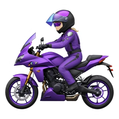 Créer un emoji avec une moto mt07 sport noir mate / violet iridescent très foncé, pare-brise de la moto violet. Avec une pilote dessus visière violet sombre visage caché . Avec fond arrière violet en arrière plan. sticker
