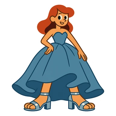 girl with big feet wearing silver heels and a big blue-grey prom dress sticker