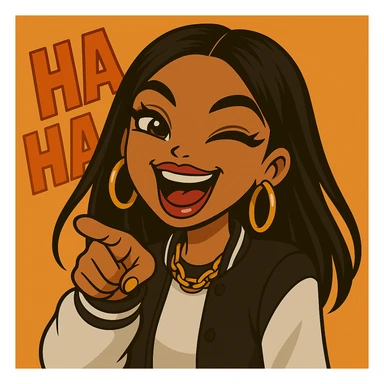 Keep her pointing and laughing with 'ha ha ha' in the background, headshot only, 20-year-old anime Bratz style woman with dark skin, straight hair, more trendy outfit, big expressive eyes, glossy lips, no hat, no tears, happy expression, looking straight ahead. The style should reflect anime Bratz aesthetics with vibrant colors and expressive features. sticker