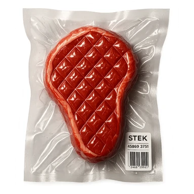 diamond-textured meat steak, shiny and inflated, vacuum-sealed style sticker