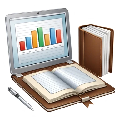 Icon for Business Reading: a prominent book at the forefront, laptop and notepad around it, along with a bar graph. The icon should represent the knowledge and strategy of business literature. Transparent background. sticker