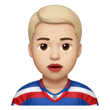 Jugadora de hockey con camiseta rayada horizontal de color azul, blanco y rojo, con gesto de labio mordiendose sticker