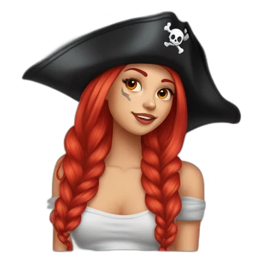 Woman long red platted hair on one side, other side of head is shaved. Tattoo under shaved hair. pirate hat, skull and crossbones t shirt sticker