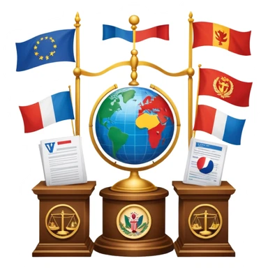 icon featuring podium with a speaker, national flags, and voting ballots, symbolizing political science. The design includes a globe and scales of justice in the background, representing governance, global affairs, and political theory. Transparent background emphasizes civic engagement and policy. sticker