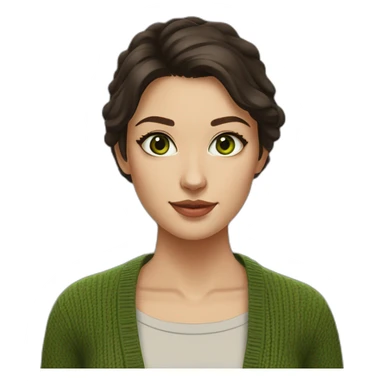 Woman, 25, square face, high cheekbones, small forehead wrinkles, green eyes, short length dark brown hair, wearing cardigan sticker