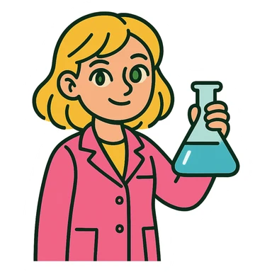 blonde girl with green-grey eyes, wearing a pink lab coat, holding a flask sticker
