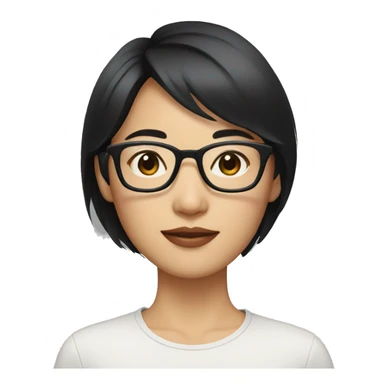 An asian woman with black hair short hair wearing clear glasses and no lipstick  sticker