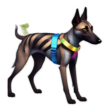  brindle brown black maroon striped lurcher Alsatian fox running blue eyes and iridescent holographic oilslick harness wearing paper iridescent tropical flower crown yellow caution tape sticker
