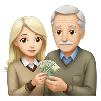 Kind elderly grandfather with gray hair giving money to a pretty blonde young woman who needs financial help, supportive family moment sticker