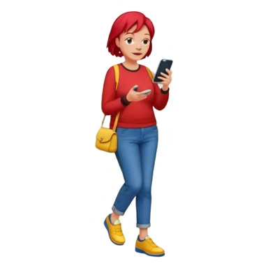 An old lady with red hair, wearing a red shirt, blue jeans, yellow shoes walking in a park holding a cell phone with a text bubble that says Have you checked in to the meetup? sticker