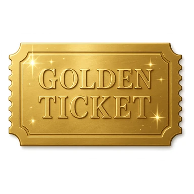 a golden ticket with sparkles and shine, shiny gold, embossed details, reflective, luxurious sticker