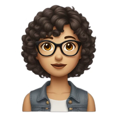 girl with short curly dark brown hair and bangs and she has glasses sticker