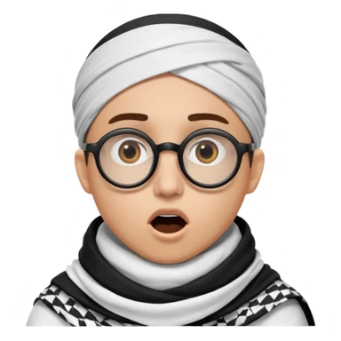 A person with light skin tone, wearing a traditional white keffiyeh with a black agal, large brown eyes, round glasses, and an open mouth showing a surprised or shocked expression. sticker