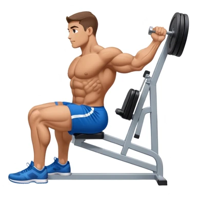 side-view bodybuilder in blue shorts seated weighted calf-raise machine on his tip toes sticker
