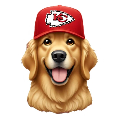 Golden retriever wearing a KC chiefs hat sticker