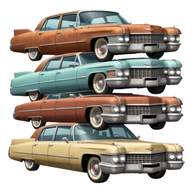 Cinematic realistic ultra HD - old abandoned Cadillac cars stacked in a pile sticker