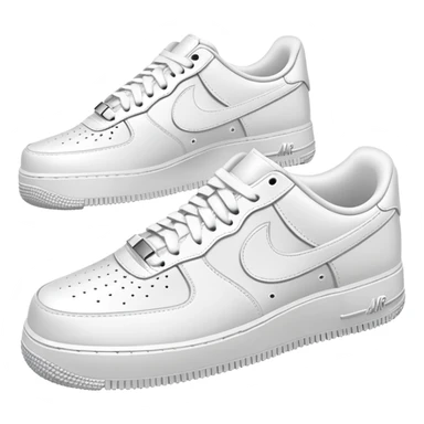 A pair of all-white Nike Air Force 1 sneakers positioned with one behind the other, clean white leather, classic AF1 silhouette, chunky sole sticker