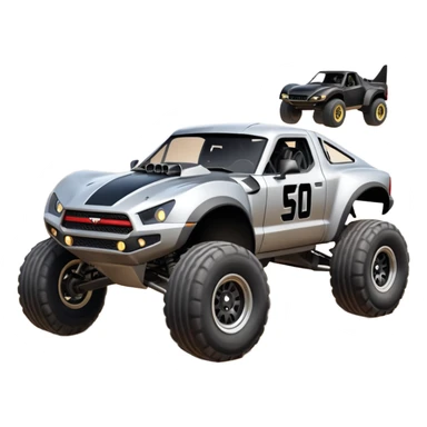 Satan’s and Vader (post race) Chardonnay-colored Dirty and dented Local Motors Rally Fighter off road race car hot rod trophy truck-style basher flying on a dusty road (silver wheels) sticker